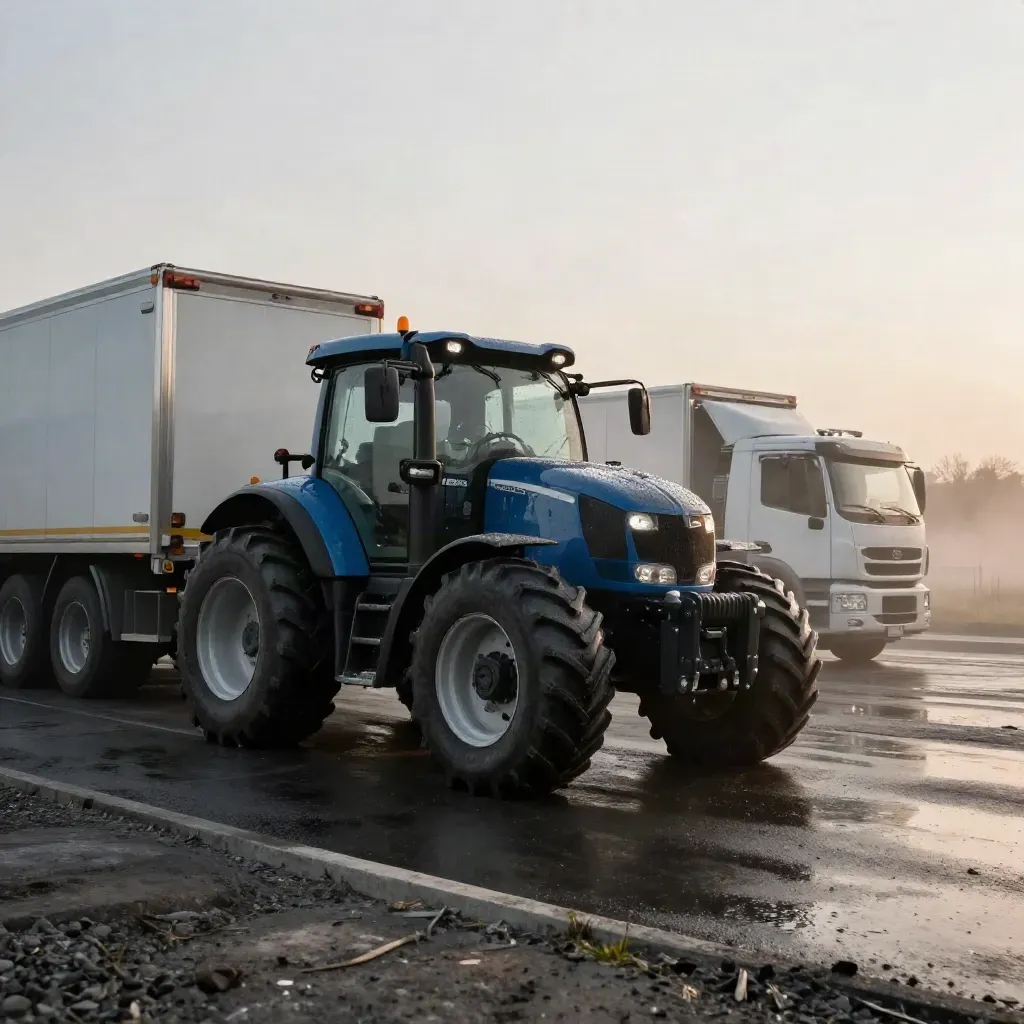 Piazzale logistico all’alba con trattore stradale, box truck e rimorchio dopo la pioggia.