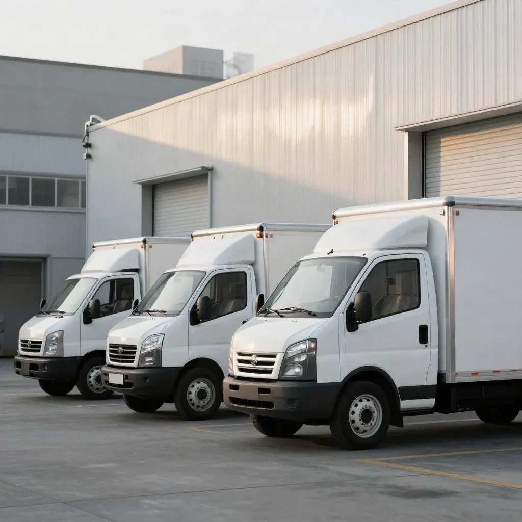 Tre box truck bianchi in fila davanti a una facciata industriale pulita, luce lattiginosa su Milano
