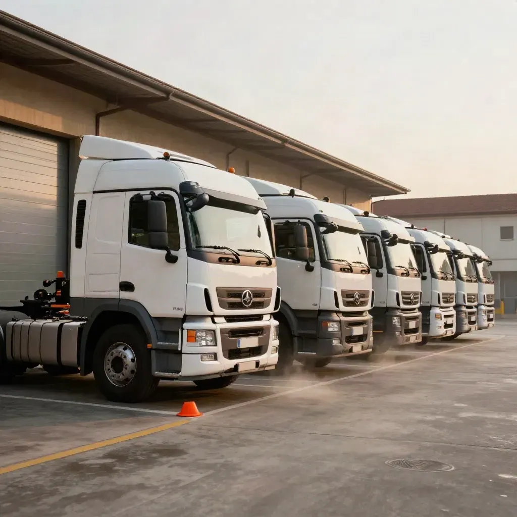 Sei camion puliti allineati in piazzale officina, con vapore residuo e luce calda.