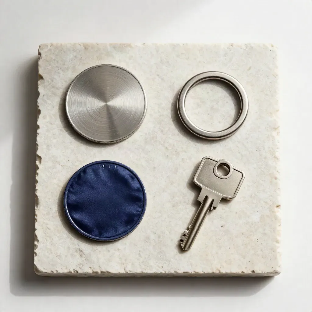 Tre token metallici e una chiave su lastra chiara, flatlay dall’alto con luce morbida.