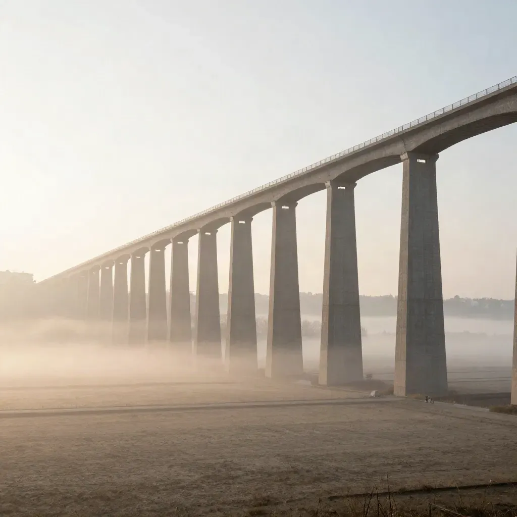 Viadotto leggero sulla pianura lombarda, città lontana nella foschia del mattino.