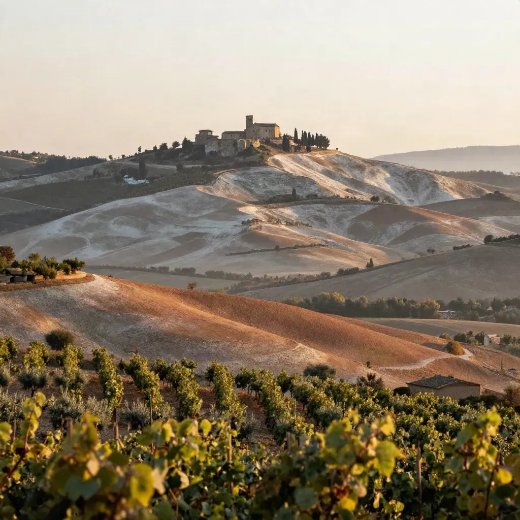 Colline piemontesi con castello in alto e vigneti sfocati in primo piano nella foschia